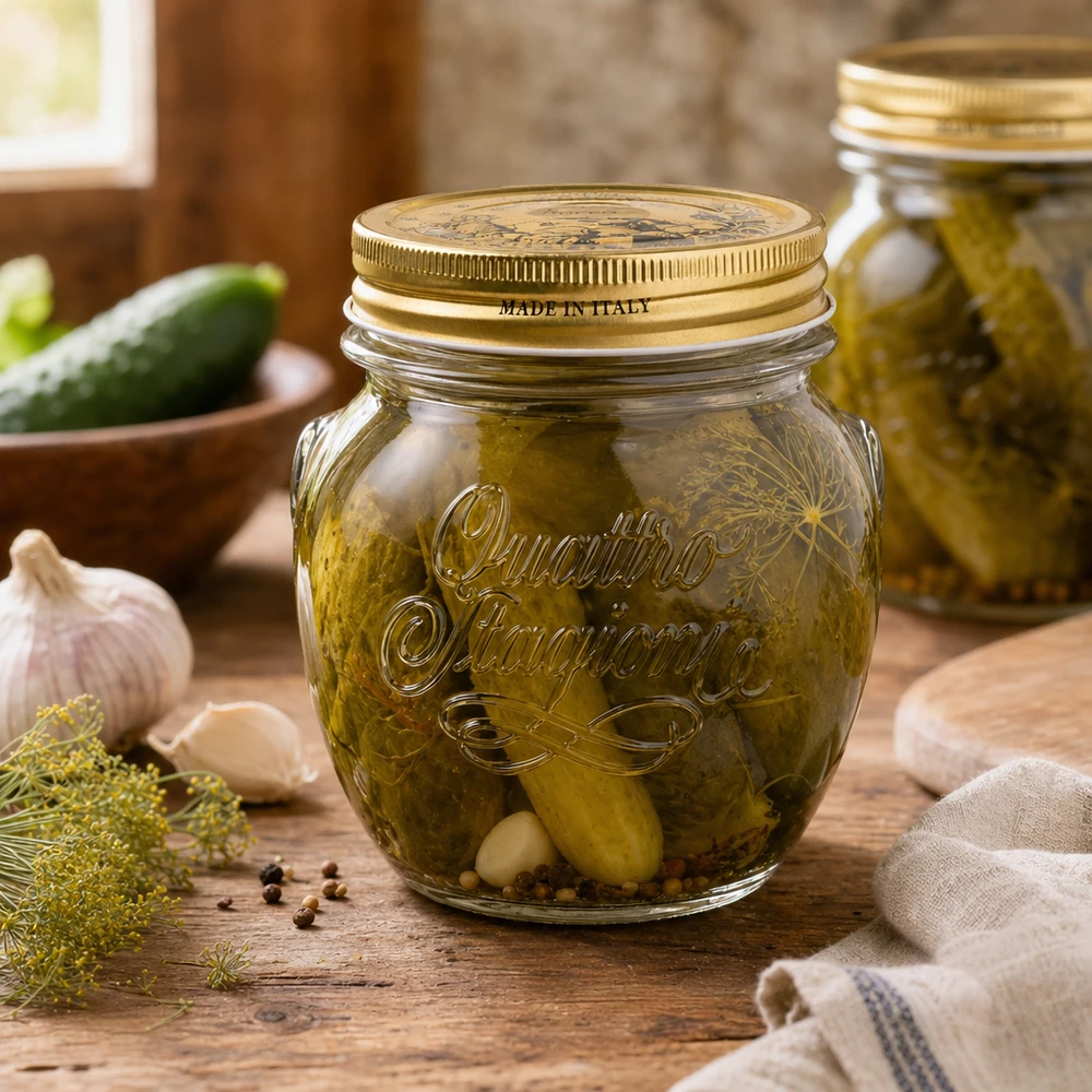 Barattolo rotondo "Quattro Stagioni" da 300 ml con coperchio Barattolo rotondo Quattro Stagioni da 300 ml con coperchio dorato pieno di cetriolini sott'aceto su un tavolo di legno rustico Made in Italy