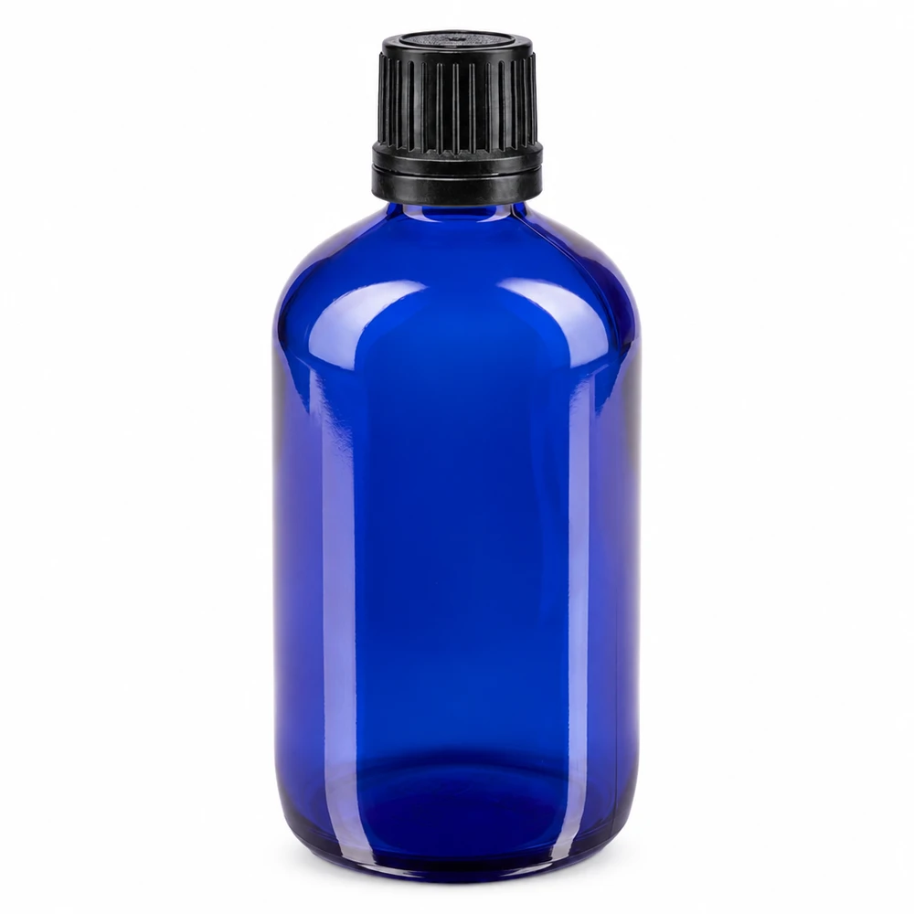 Apothekenflasche blau 100ml Schraubverschluss schwarz Giessring Originalitätsverschluss Runde 100ml Apothekerglasflasche blau mit schwarzem Tropfverschluss für Pharmaprodukte