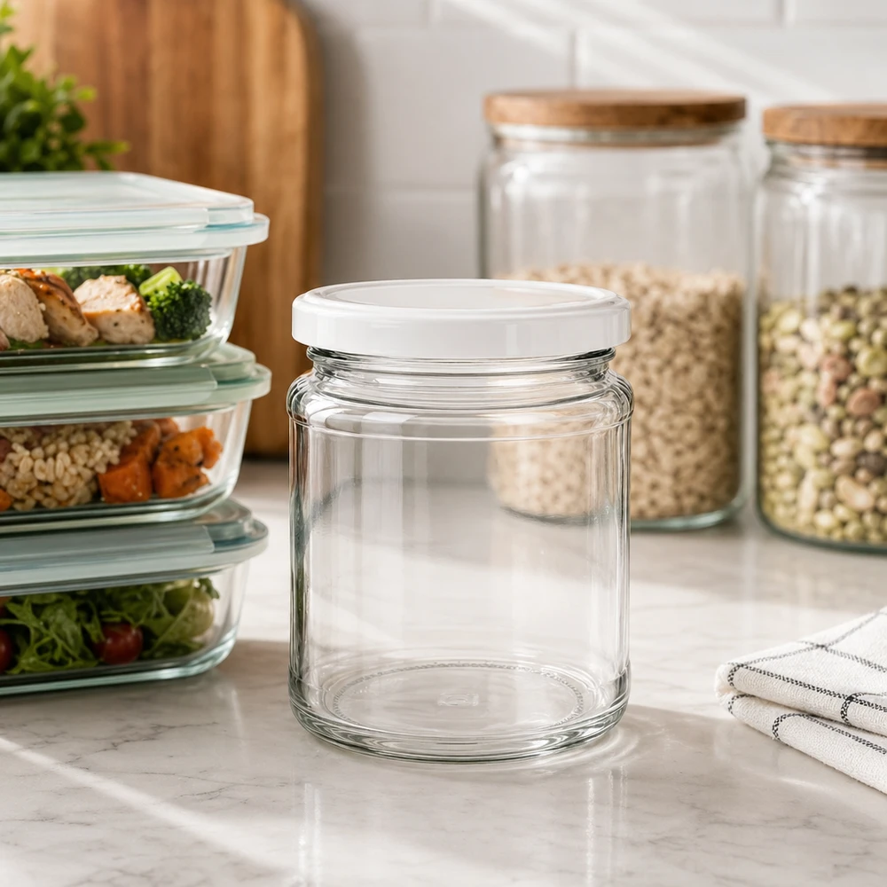 Leeres 212ml Rundglas mit BasicSeal Deckel in moderner Küche zwischen Meal-Prep Boxen und Vorratsgläsern