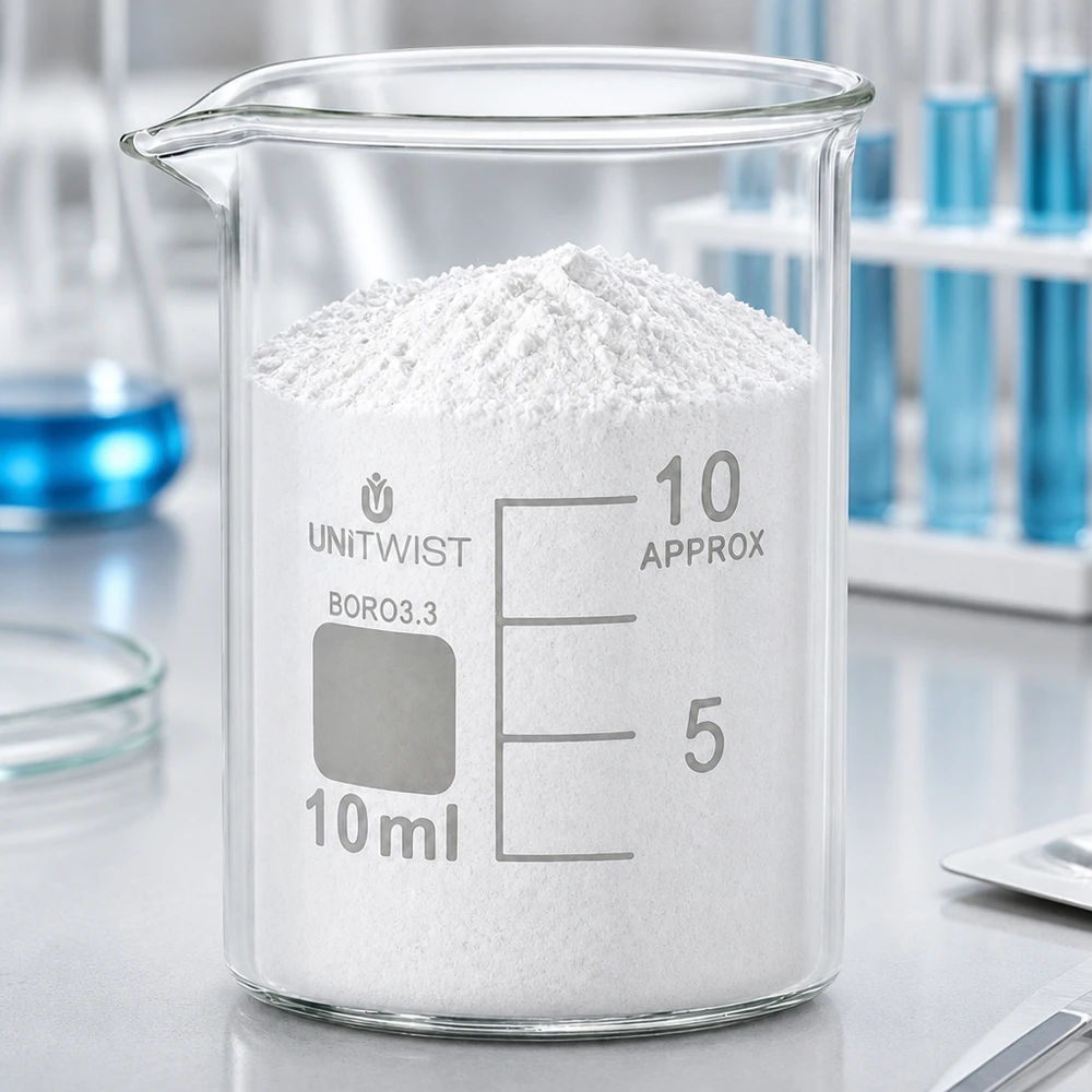 Bicchiere da 10 ml in borosilicato, a basso stampo UNiTWIST Bicchiere da laboratorio UNiTWIST da 10 ml, di forma bassa, contenente polvere bianca in un laboratorio professionale