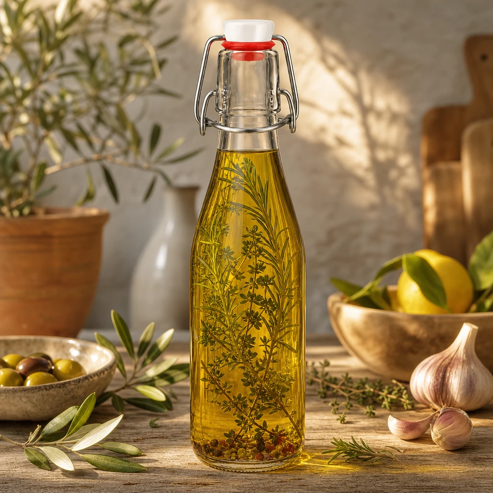 Bottiglia in vetro da 250 ml con tappo girevole riempita con olio alle erbe, ambiente mediterraneo con olive e aglio