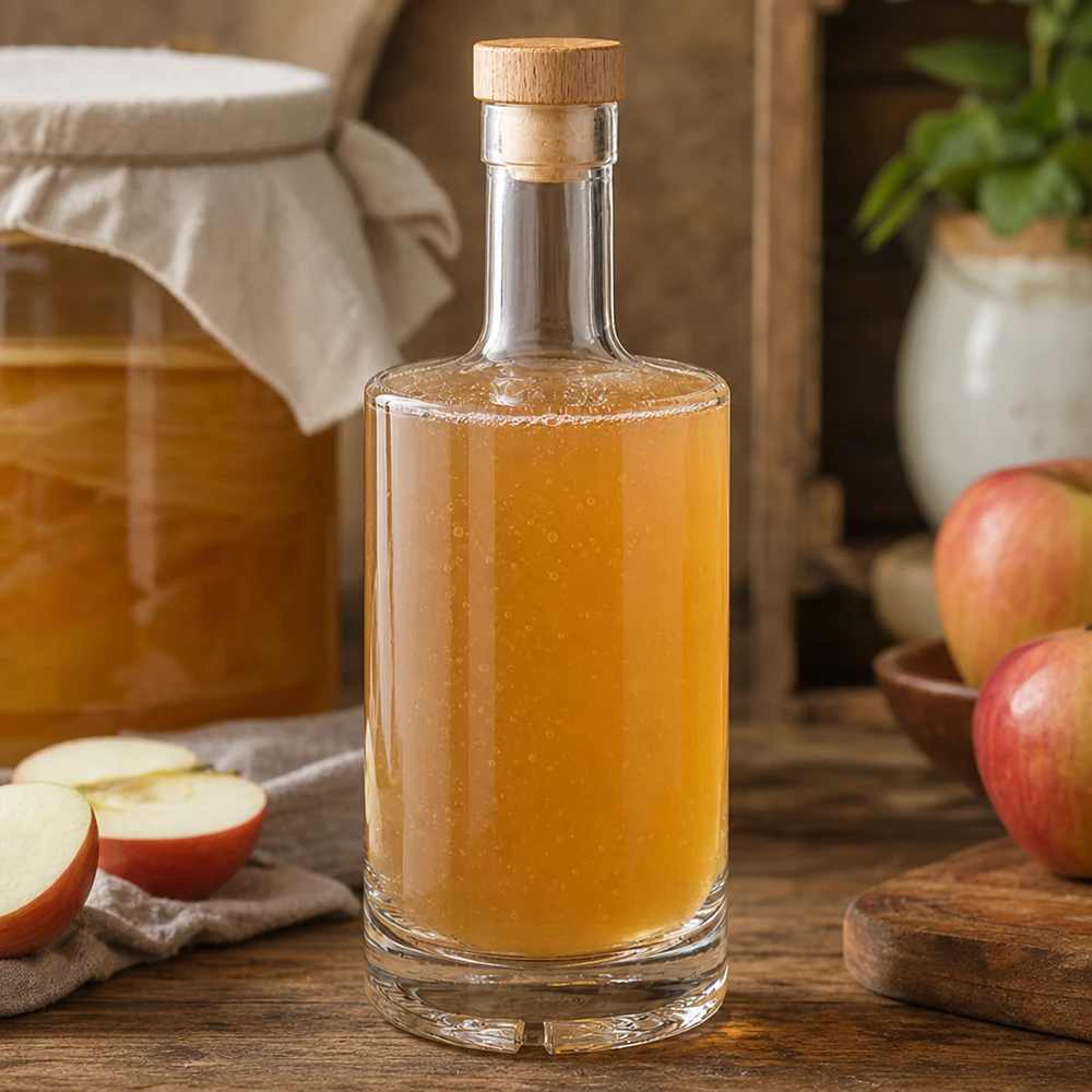 Bottiglia in vetro da 500 ml Nora con tappo in sughero con impugnatura in legno UNiTWIST® Bottiglia di vetro Nora da 500 ml riempita di succo di mela in cucina rustica con mele e tappo di legno UNiTWIST