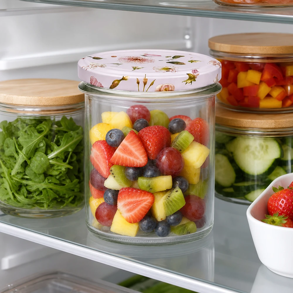 350ml Sturzglas + BasicSeal Deckel Blume rosa UNiTWIST 350ml Sturzglas rosa Blumendeckel gefüllt mit Obstsalat im Kühlschrank neben Salat und Gemüse frische Aufbewahrung