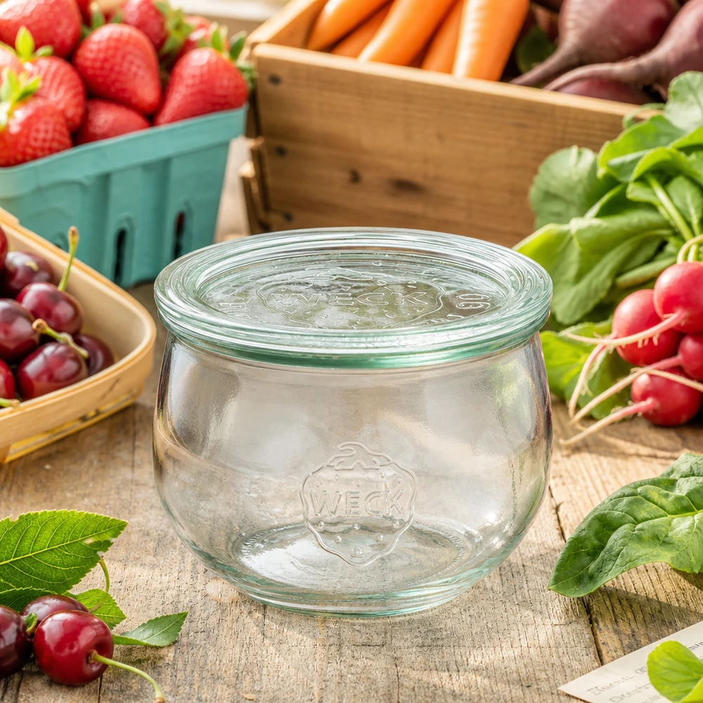 Vaso a tulipano WECK 580ml RR100 con coperchio in vetro disposto tra frutta e verdura fresca su un tavolo di legno rustico