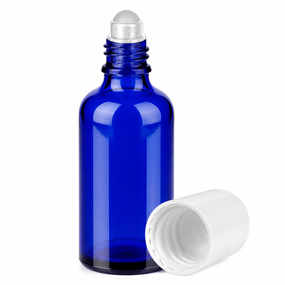 50ml Roll-On Flasche weiß Standardverschluss BlueLine UT18/50 Wiederverwendbare 50ml Roll-On Flasche blau mit weißem Schraubverschluss umweltfreundlich