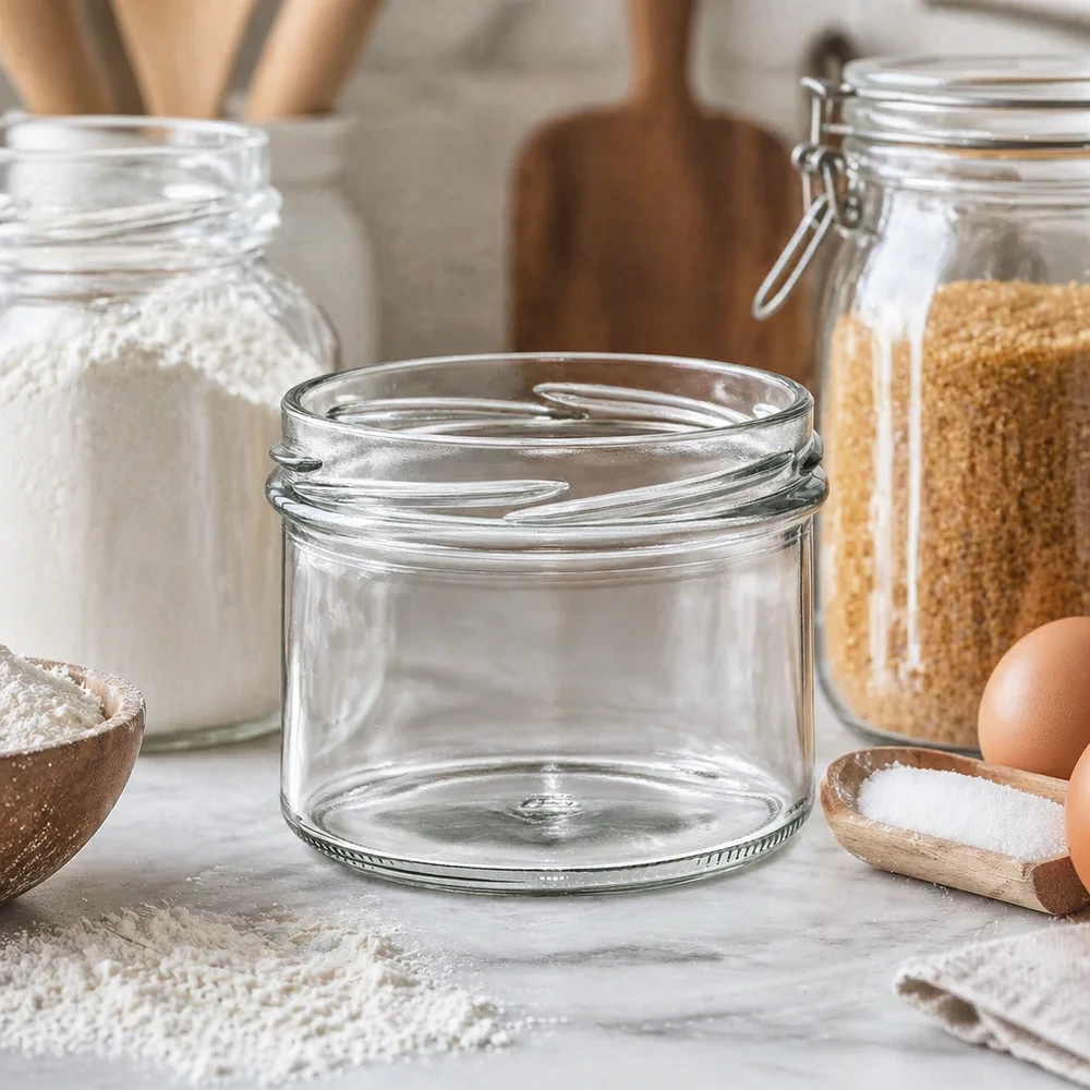 Leeres Sturzglas 225ml TO82 in moderner Küche mit Vorratsgläsern und Backzutaten für stilvolle Aufbewahrung