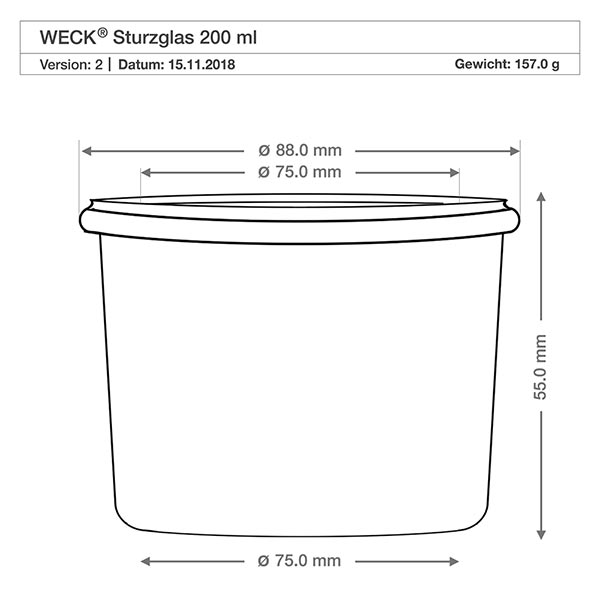 Barattolo WECK RR80 da 200 ml Disegno tecnico dei tumbler WECK 200ml RR80 con dimensioni 88 mm di diametro, 55 mm di altezza, peso 157 g