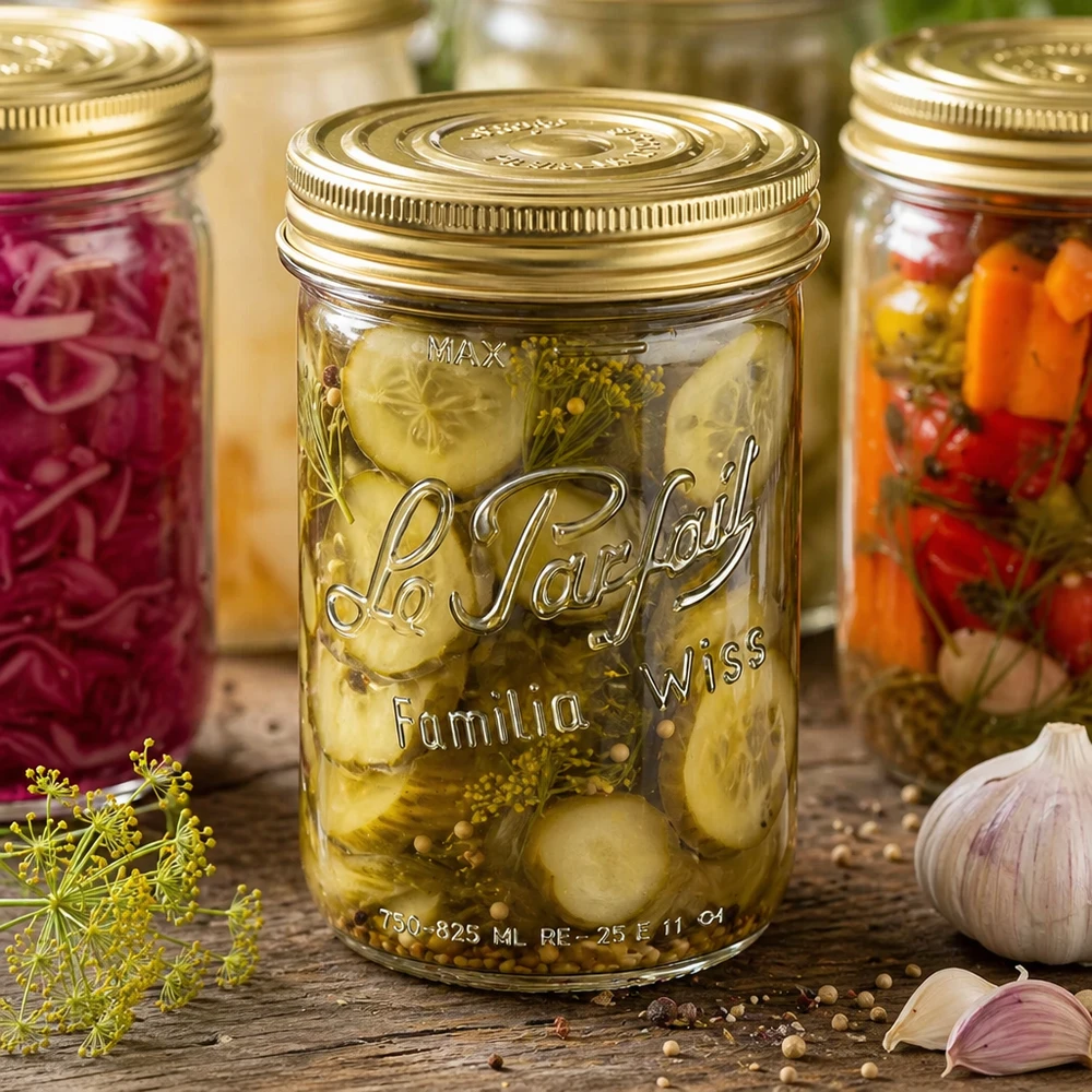 Le Parfait® Familia Wiss 1 kg Ø100 mm vaso 1020ml Sturzglas Familia Wiss mit 2-teiligem Deckel für Einmachen von Gurken und Gemüse in rustikaler Küche