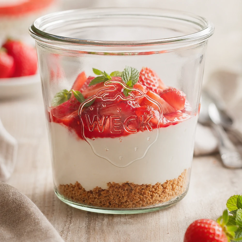 Bicchieri da 580 ml WECK RR100 Bicchieri WECK 580ml RR100 riempiti di fragole e yogurt come dessert in barattolo su un tavolo di legno