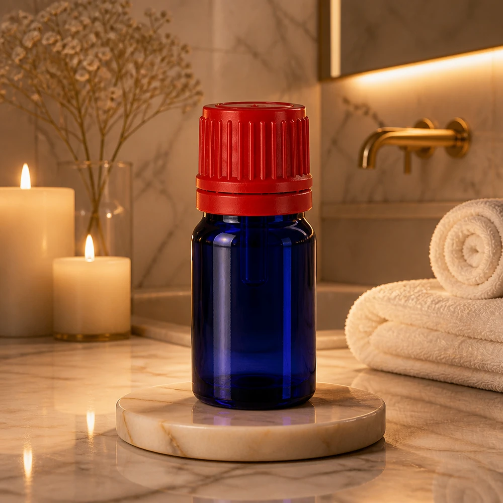 Elegante flacone da 5 ml in blu cobalto con tappo a vite ergonomico rosso BlueLine UT18/5
