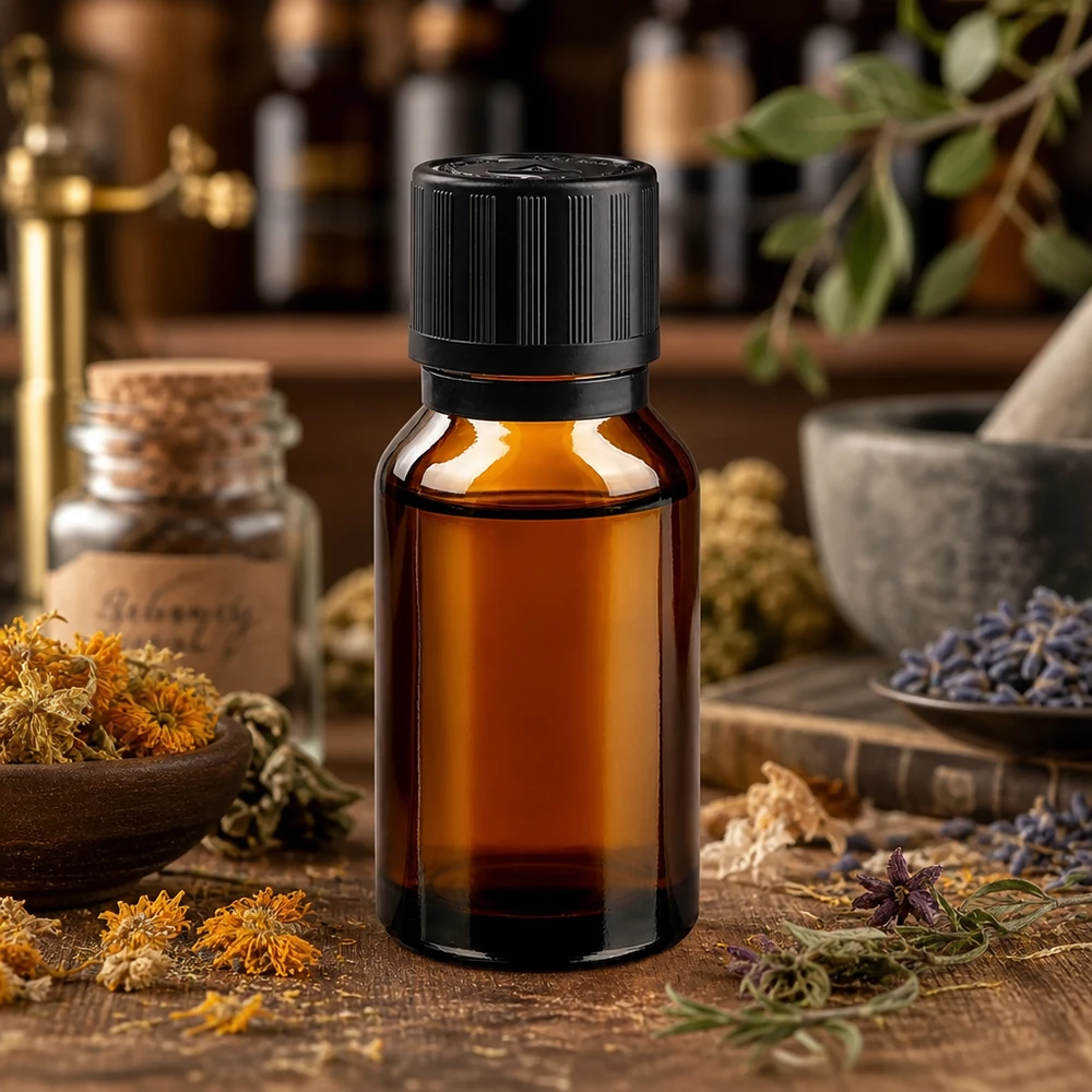 Flacone contagocce marrone da 15 ml. Pr. 1mm s. KiSi Bliw OV Flacone da farmacia da 15 ml color ambra con tappo a vite, circondato da erbe e fiori essiccati