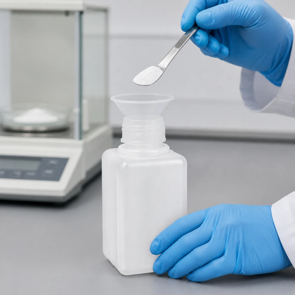 Flacon de produits chimiques de 50 ml en PE-HD à col étroit, de couleur naturelle, avec un entonnoir de laboratoire et une balance de précision en arrière-plan