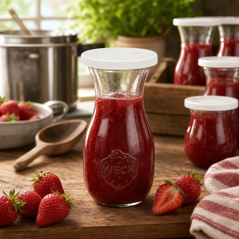 Bottiglia per succhi da 290 ml con tappo salva-freschezza WECK RR60 Bottiglia di succo WECK da 290 ml riempita di marmellata di fragole rosse circondata da fragole fresche su un tavolo di legno