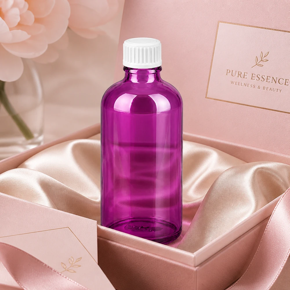 100ml (Globuli)Flasche 3mm Giessring weiß Standard PurpleLine. UT18/100 Lichtschützende violette Glasflasche 100ml mit UT18 Verschluss für empfindliche Wirkstoffe