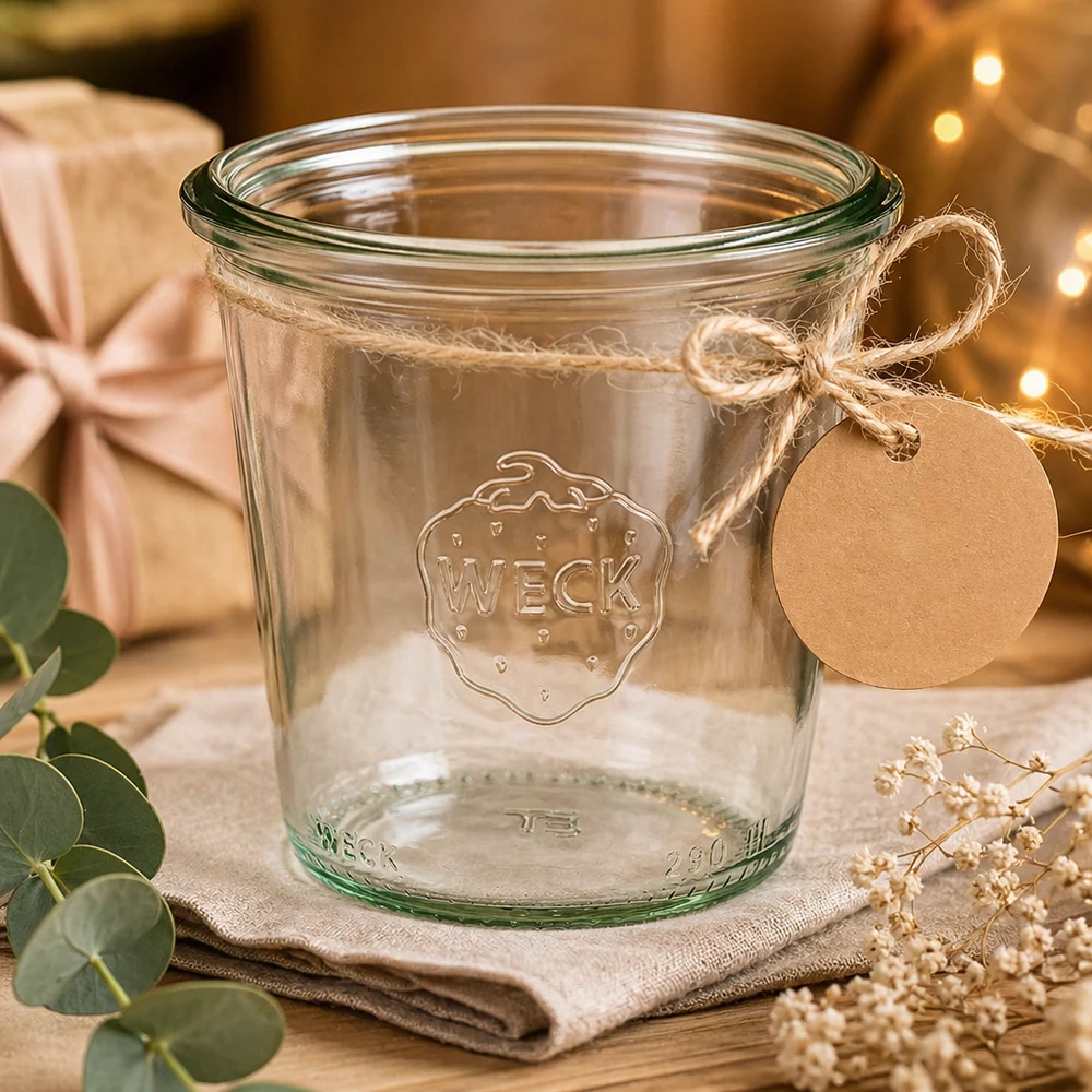Vaso di vetro alto da 290 ml WECK RR80 Bicchieri WECK da 290 ml RR80 con coperchio e etichetta regalo decorati su un tavolo di legno rustico