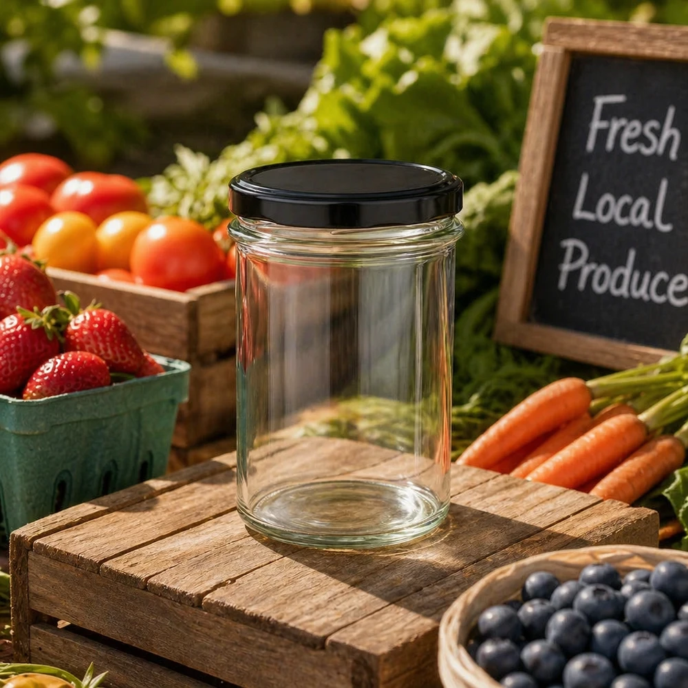 230ml Sturzglas mit schwarzem BasicSeal Deckel zwischen frischem Obst Gemüse auf Holztisch Farmers Market Szene