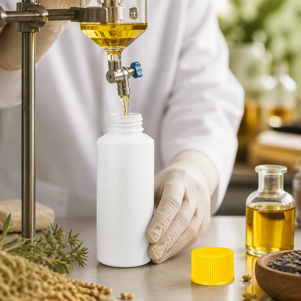 Flacon pharmaceutique blanc de 30 ml en HDPE, muni d'un bouchon de sécurité jaune à l'épreuve des enfants et contenant des ingrédients naturels