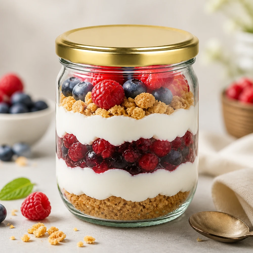 Barattolo di vetro rotondo da 425 ml con coperchio BasicSeal oro UNiTWIST Bicchiere rotondo da 425 ml con coperchio dorato come bicchiere da dessert per trifle ai frutti di bosco con yogurt e briciole di biscotto