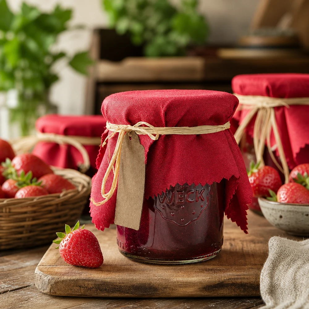 Centrino in tessuto per gioielli bordeaux 15cm quadrato Centrino per gioielli in tessuto rosso bordeaux da 15 cm con rafia e ciondolo in carta kraft su barattolo di marmellata di fragole