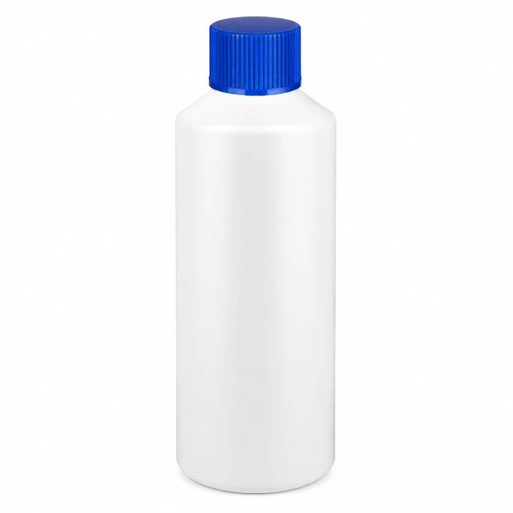 Zylindrische Apothekerflasche 100ml in Weiß mit blauem gerippten Verschluss aus HDPE