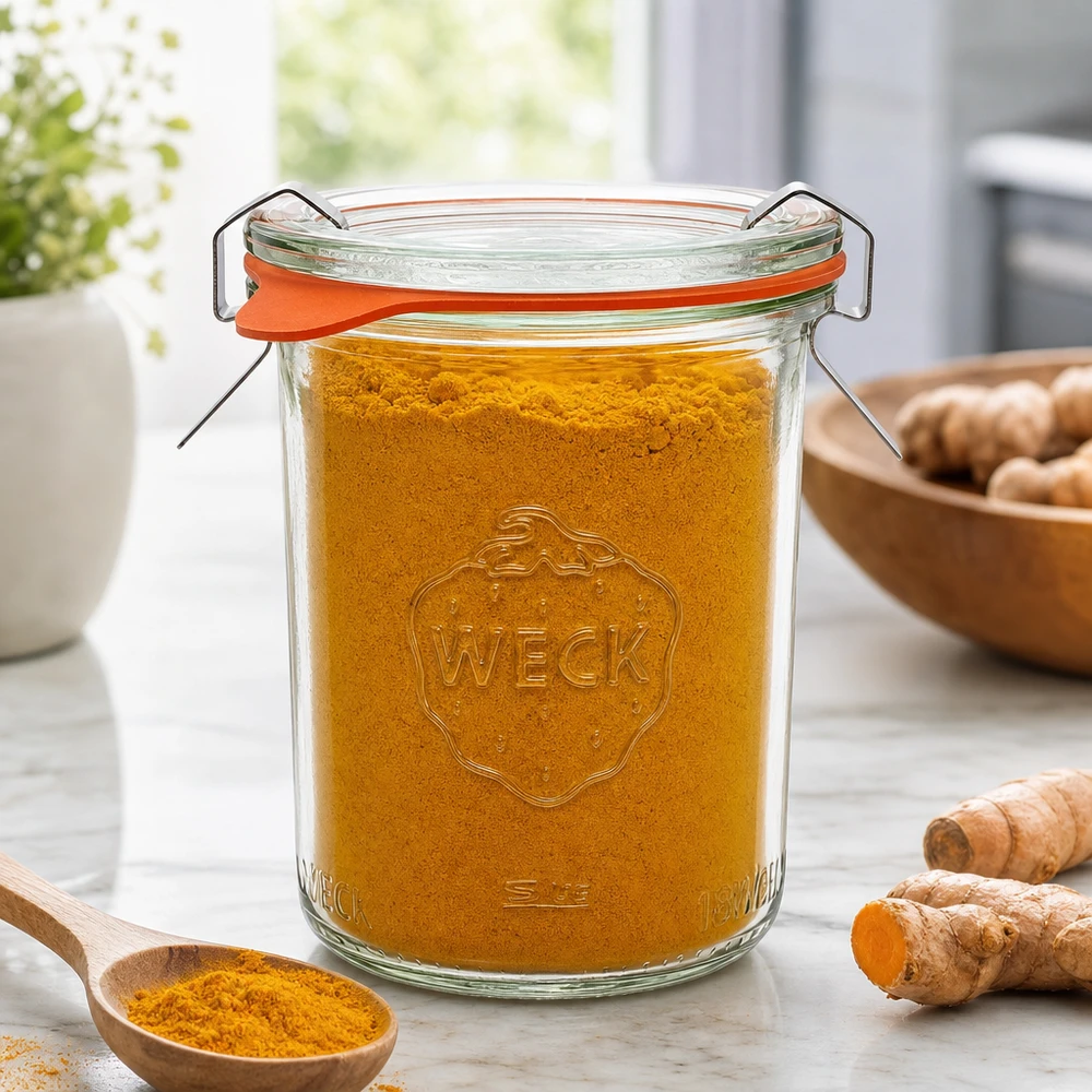 Barattolo da 160ml completo WECK RR60 WECK Sturzglas 160ml RR60 mit Kurkumapulver gefüllt neben Ingwerwurzeln zeigt perfekte Gewürzaufbewahrung