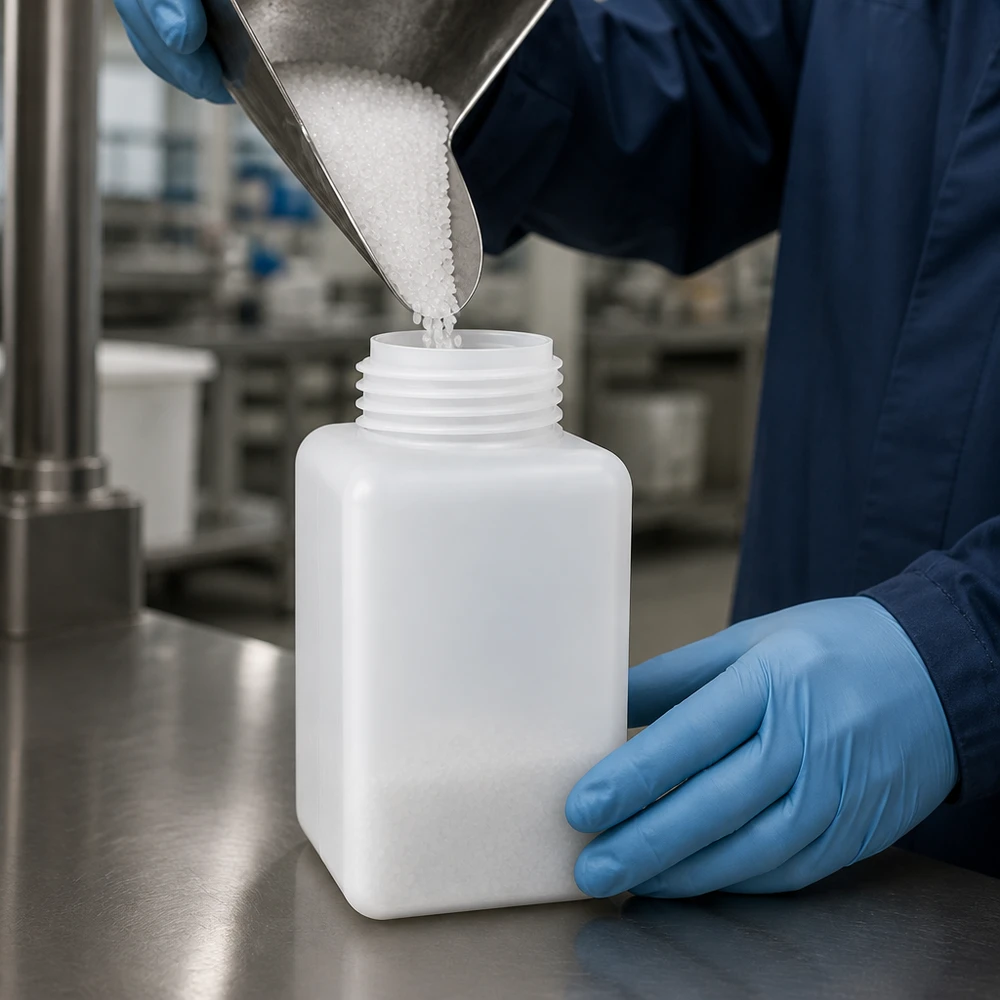 Remplissage d'un flacon à col étroit en PE-HD de 1 000 ml avec des granulés blancs par un technicien de laboratoire portant des gants bleus