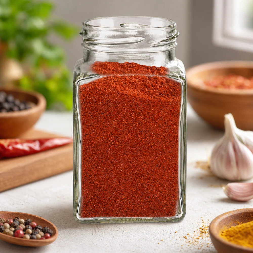 UNiTWIST Tetra260 barattolo a 4 angoli da 260 ml riempito con paprika rossa in polvere in cucina con spezie e aglio