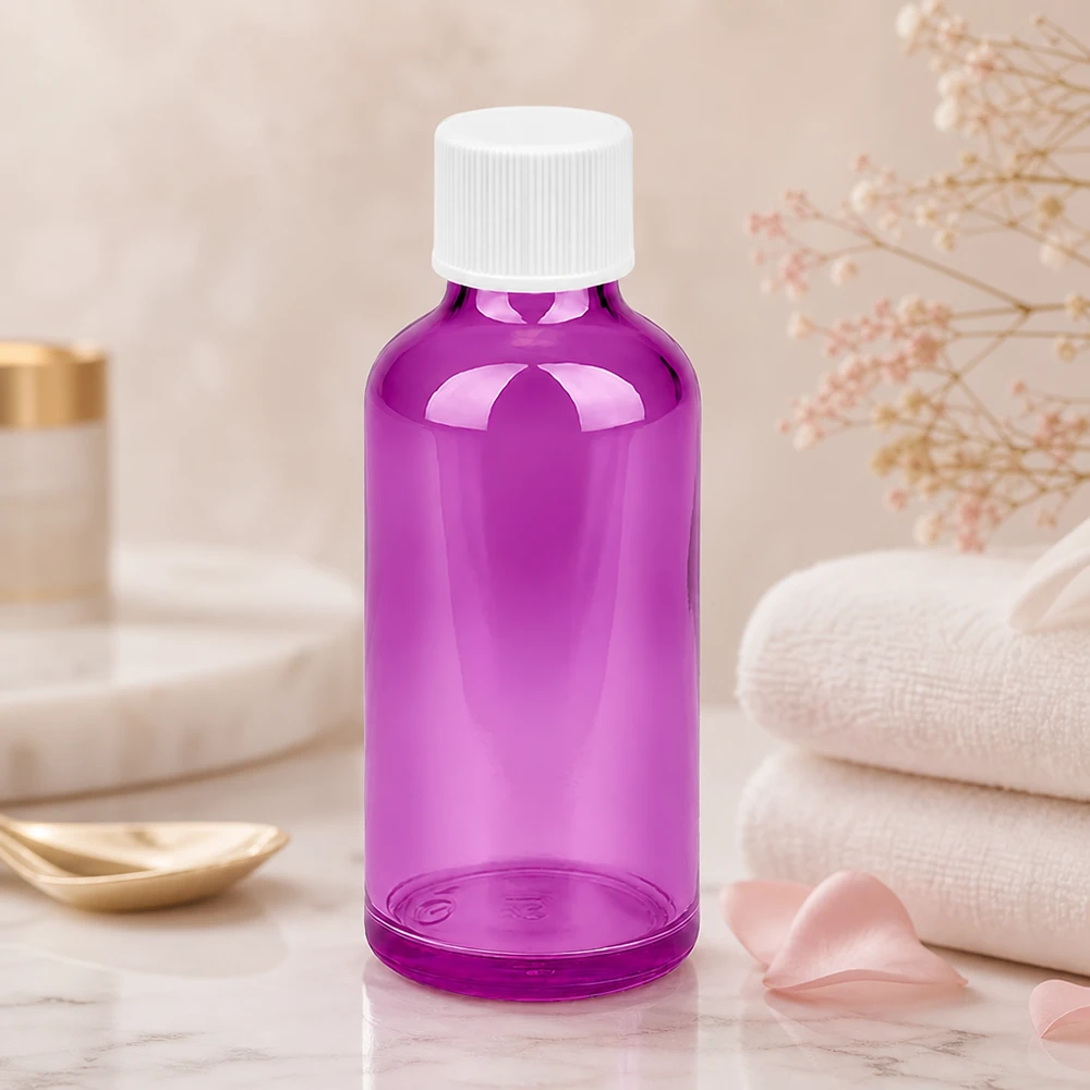 Flacone da 50ml con tappo a vite 11mm bianco standard PurpleLine UT18/50 Versatile flacone in vetro da 50 ml in viola con tappo bianco per la produzione di cosmetici e il fai da te