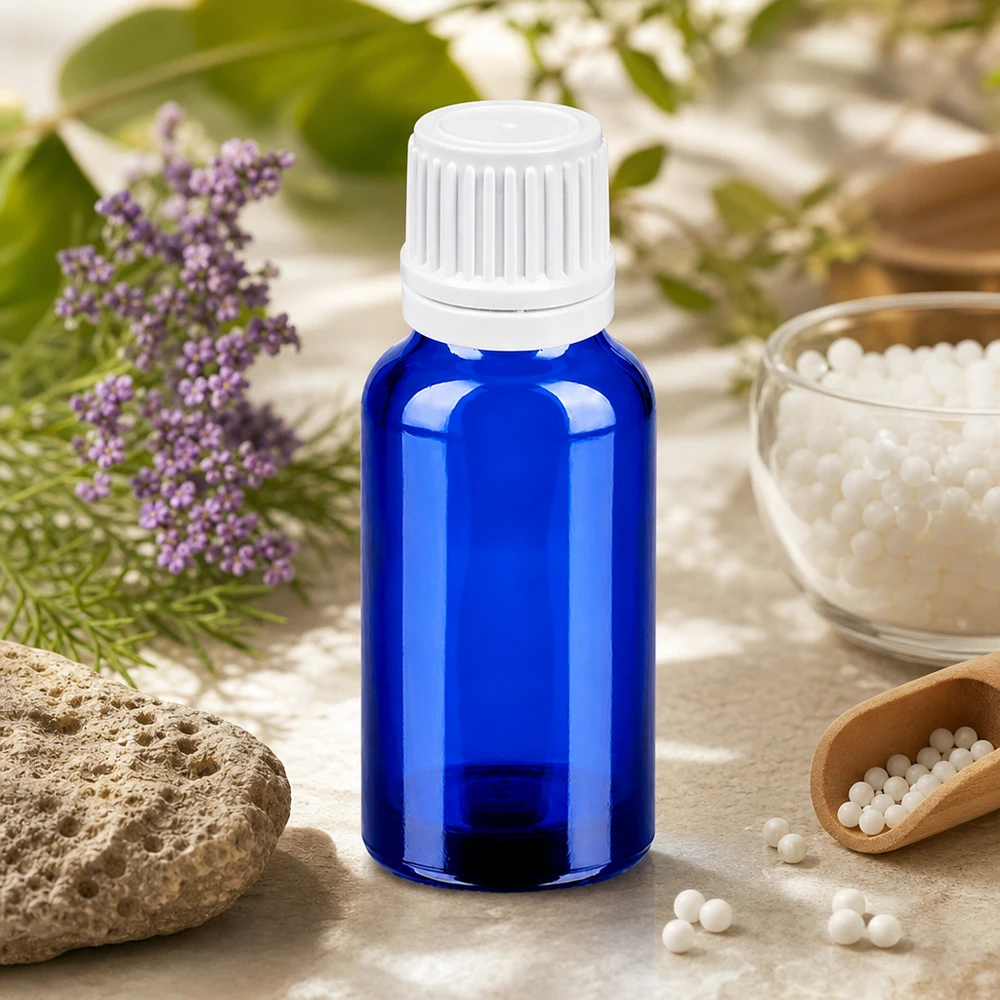 Flacone contagocce da 20 ml 0,7 mm bianco OV BlueLine UT18/20 Flacone in vetro blu di alta qualità da 20 ml con tappo a vite bianco per rimedi naturali