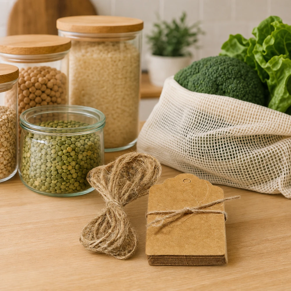 Ciondolo 30x50 mm con cordino (confezione da 10 pezzi) Etichette in carta kraft sostenibile con cordoncino in fibra naturale insieme a prodotti a zero rifiuti e sacchetti in rete per una cucina senza plastica