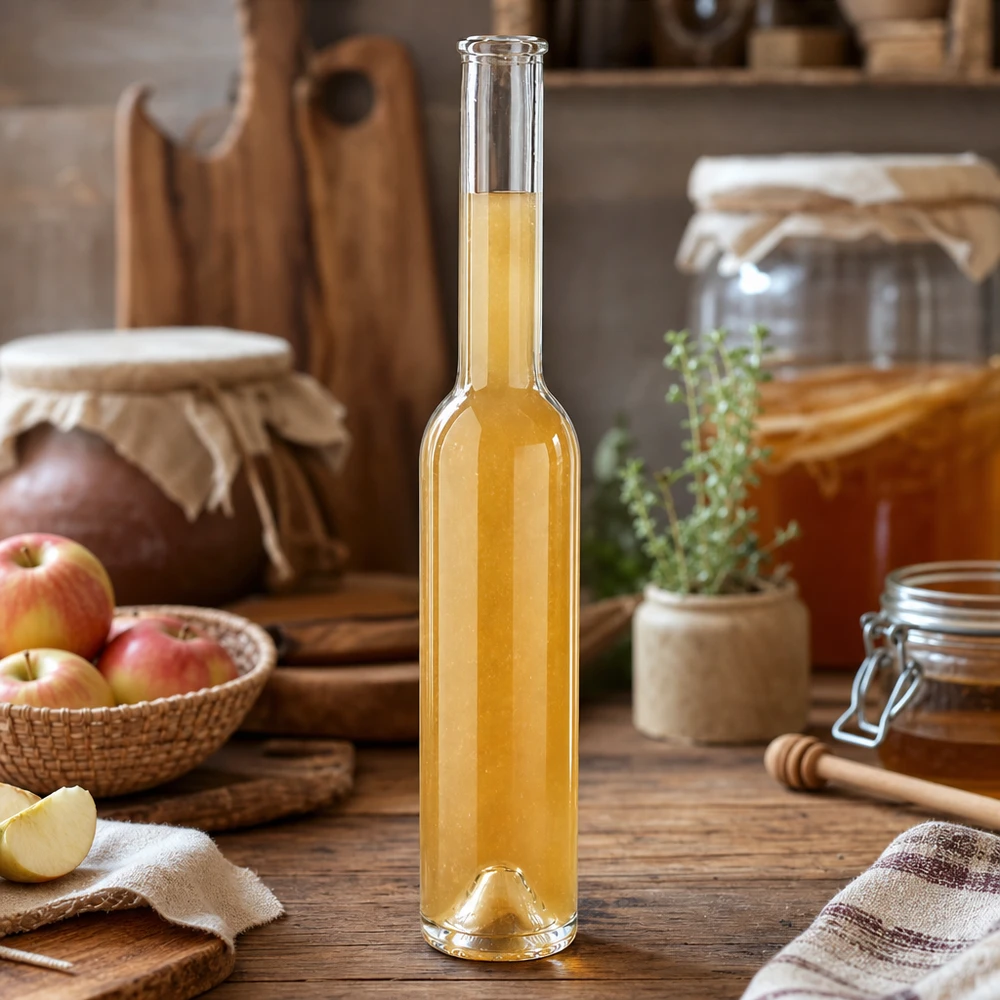 200ml Glasflasche "Hugo" ohne Verschluss UNiTWIST 200ml Glasflasche Hugo mit Apfellikör befüllt neben frischen Äpfeln Honig Kräutern rustikale Küche Holzambiente