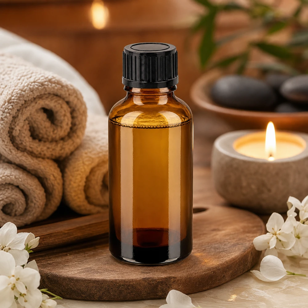 Elegante flacone in vetro da 30 ml dall'aspetto ambrato con filo standard nero per la cura della pelle