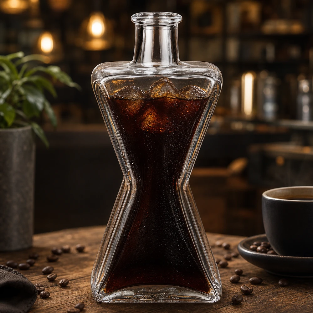 Glasflasche Star 200ml mit Cold Brew Kaffee befüllt neben Kaffeebohnen und Tasse auf Holztisch in Café-Atmosphäre