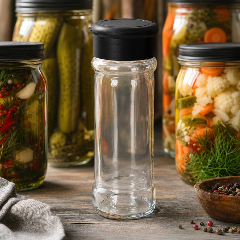 Pot à sel/épices 100 ml avec saupoudreuse, noir Kompaktes Salzglas 100ml mit schwarzem Streuerverschluss und Pfefferkörnern im Hintergrund