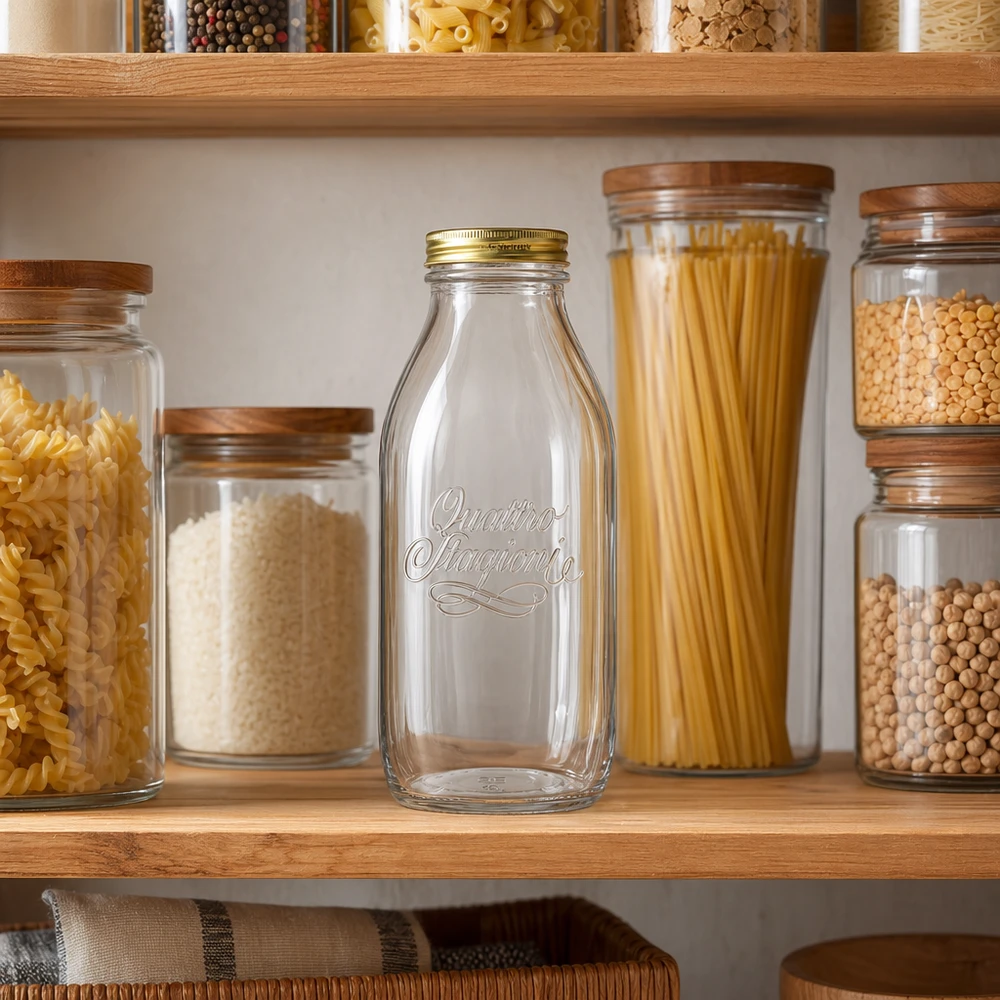 Bottiglia in vetro da 1000ml "Quattro Stagioni" con coperchio Quattro Stagioni bottiglia in vetro da 1000 ml in una dispensa organizzata con barattoli per la conservazione di pasta e legumi