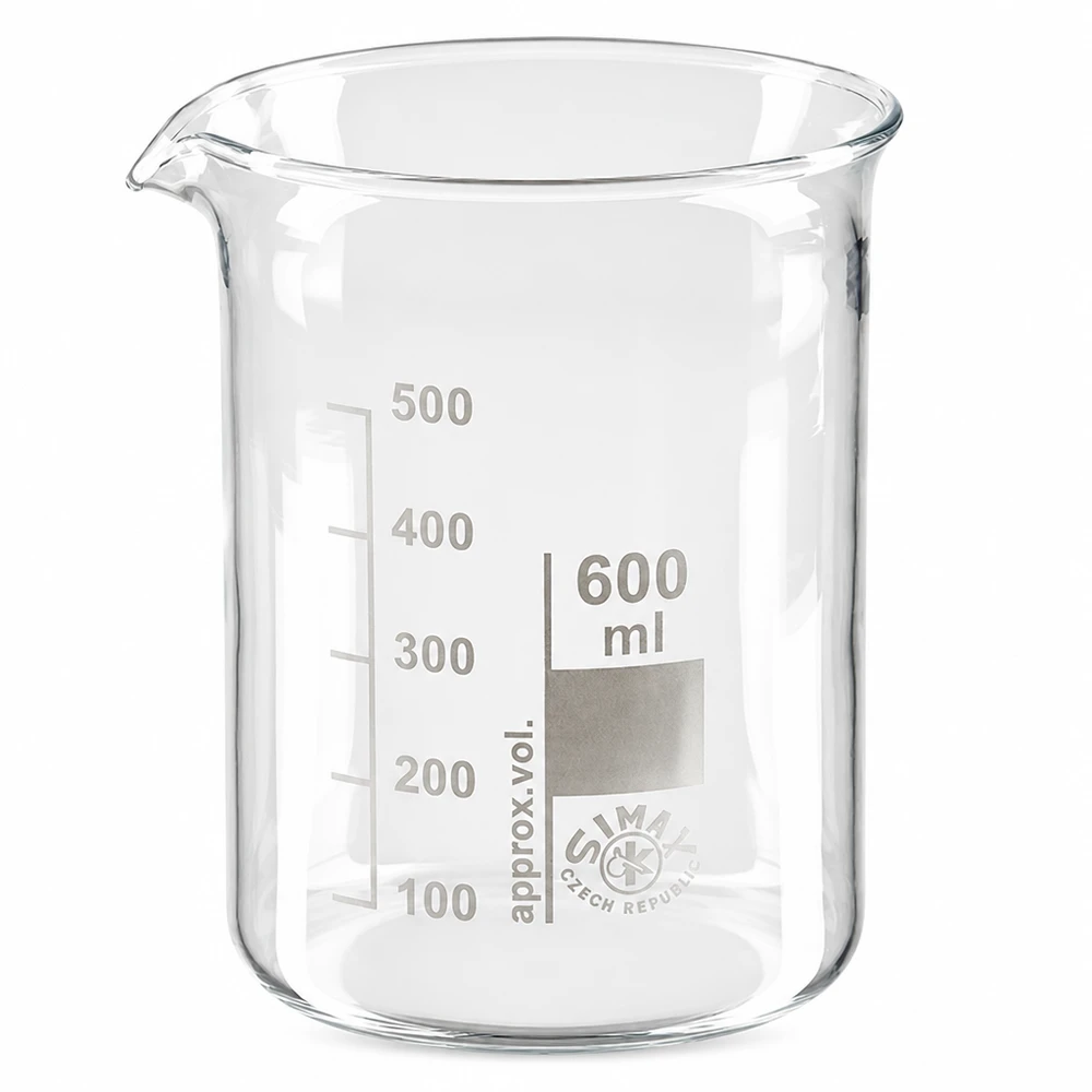 Bicchiere 600ml in vetro borosilicato, forma bassa Bicchiere 600ml in vetro borosilicato a basso stampo con beccuccio per laboratorio e cucina