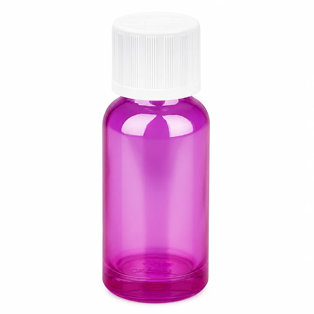 Flacon 20ml bouchon à vis 11mm blanc standard sécurité enfant PurpleLine UT18/20 Bouteille en verre ronde de 20 ml avec un design ergonomique et un bouchon sûr en violet