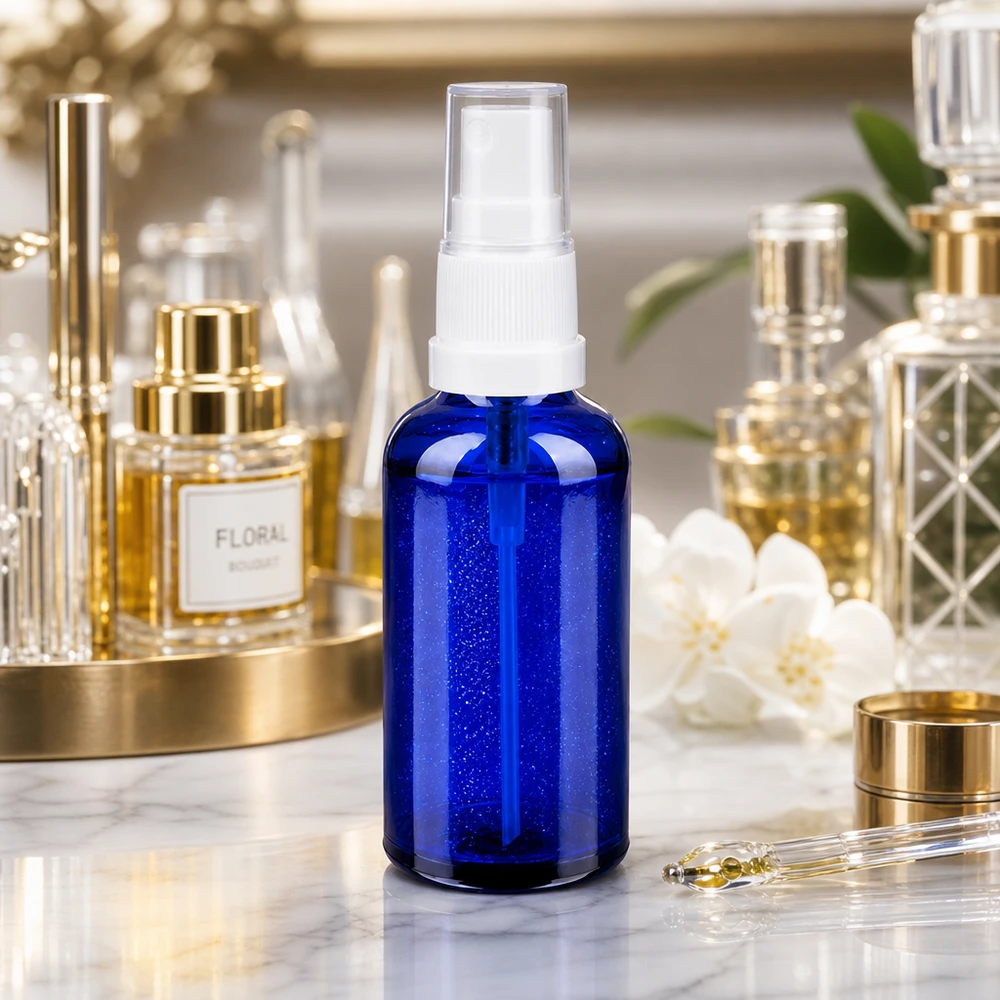 50ml Sprayflasche weiß/transparent Standardverschluss BlueLine UT18/50 Dekorative blaue Glassprühflasche 50ml mit weißem Verschluss für Beauty-Routine zu Hause