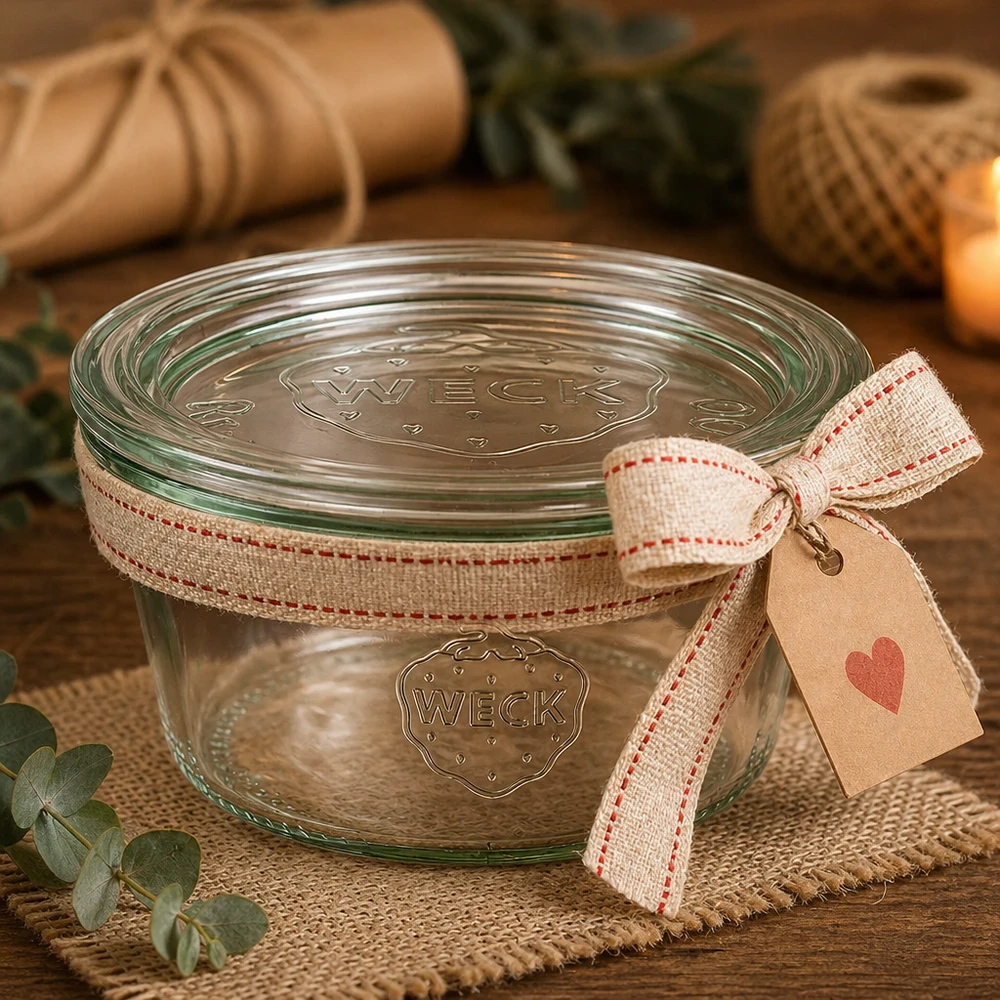 Bocal WECK RR100 de 290 ml, à bord évasé et couvercle en verre WECK Sturzglas 290ml RR100 als Geschenkidee mit Schleifenband und Herzanhänger in rustikalem Ambiente