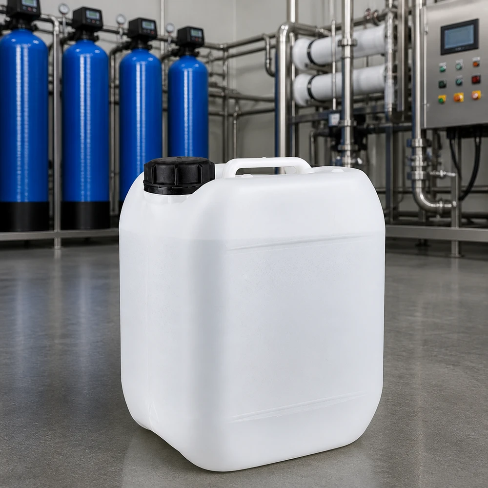 Jerrican de 5 litres avec bouchon à vis Bidon en plastique blanc de 5 litres avec bouchon à vis, devant une station de traitement des eaux industrielle