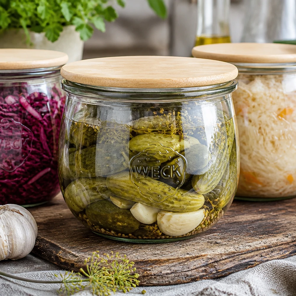 Vaso a tulipano WECK RR100 da 580 ml con coperchio in legno WECK Tulpenglas 580ml RR100 mit Holzdeckel für eingelegte Gurken und Gemüse - stilvolle Einmachgläser-Serie