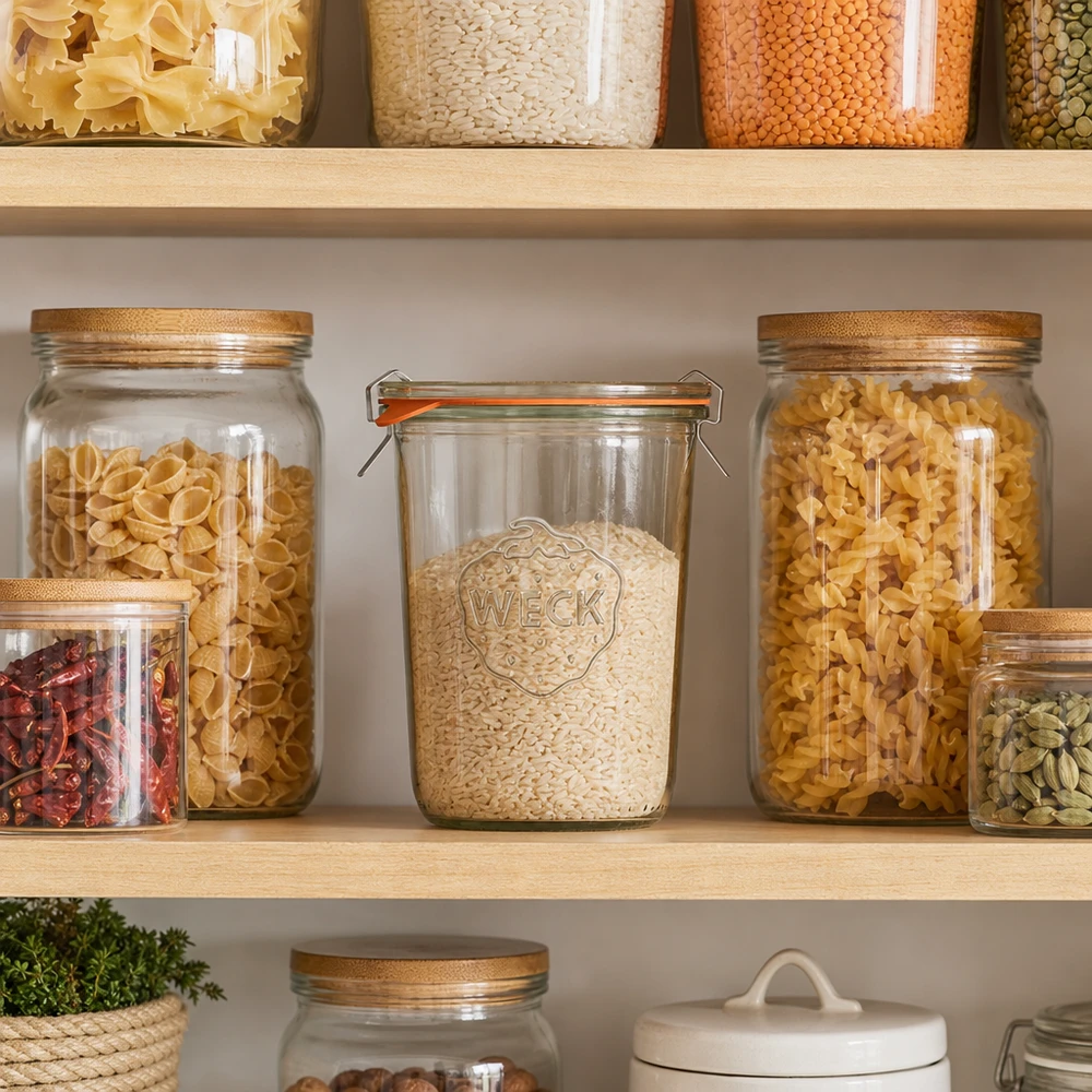 850ml Sturzglas komplett WECK RR100 WECK Sturzglas 850ml RR100 zur stilvollen Aufbewahrung von Reis und Pasta in moderner Vorratsküche