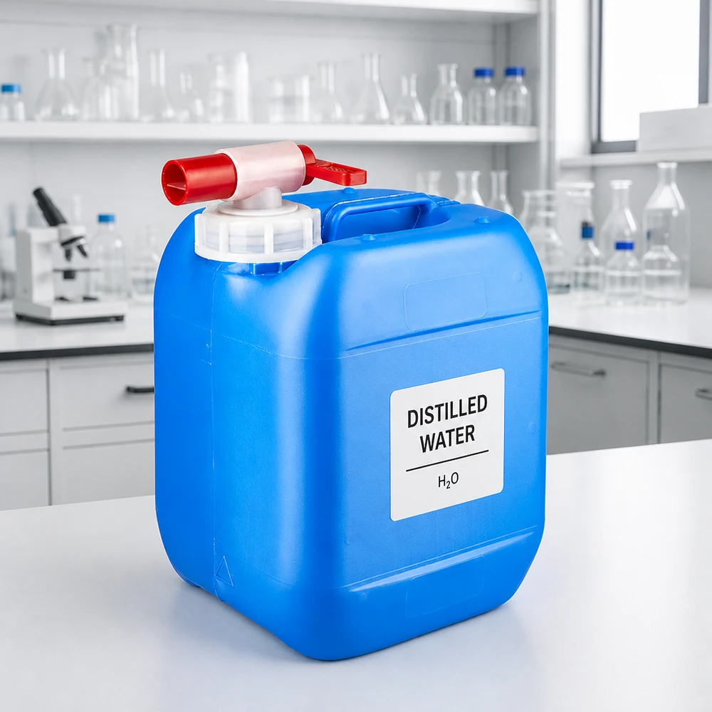 Kanister 5 Liter blau mit Auslaufhahn Robuster blauer HDPE Kanister 5 Liter mit rotem Auslaufventil im Labor