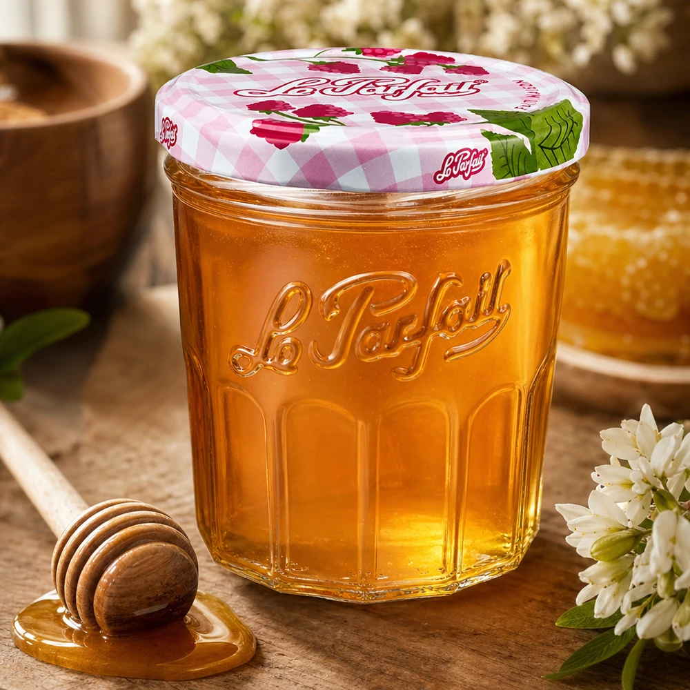 Le Parfait® Jam 324 ml Ø82 mm vaso marmellata Vasetto Le Parfait da 324 ml pieno di miele accanto a cucchiaio e fiori bianchi su tavolo di legno