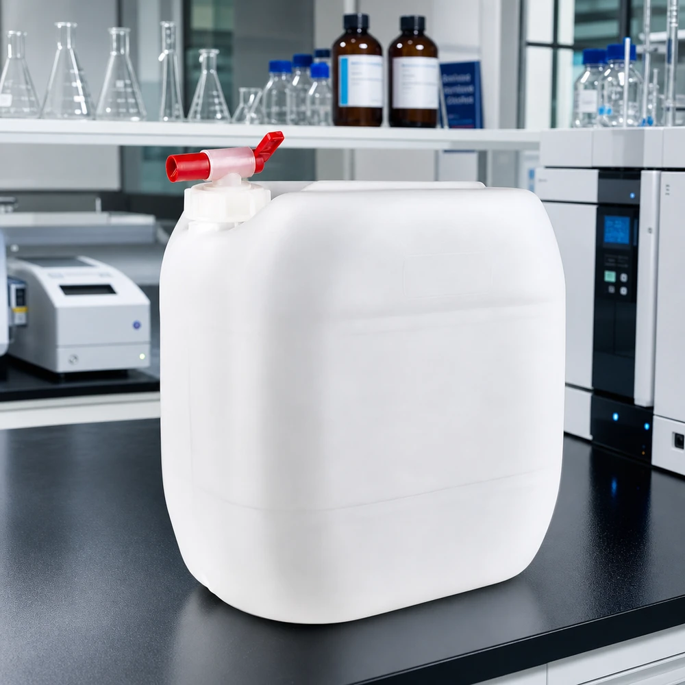 Kanister 30 Liter mit Auslaufhahn Weißer Lagerkanister 30 Liter mit Auslaufhahn für sichere Chemikalienaufbewahrung im Labor