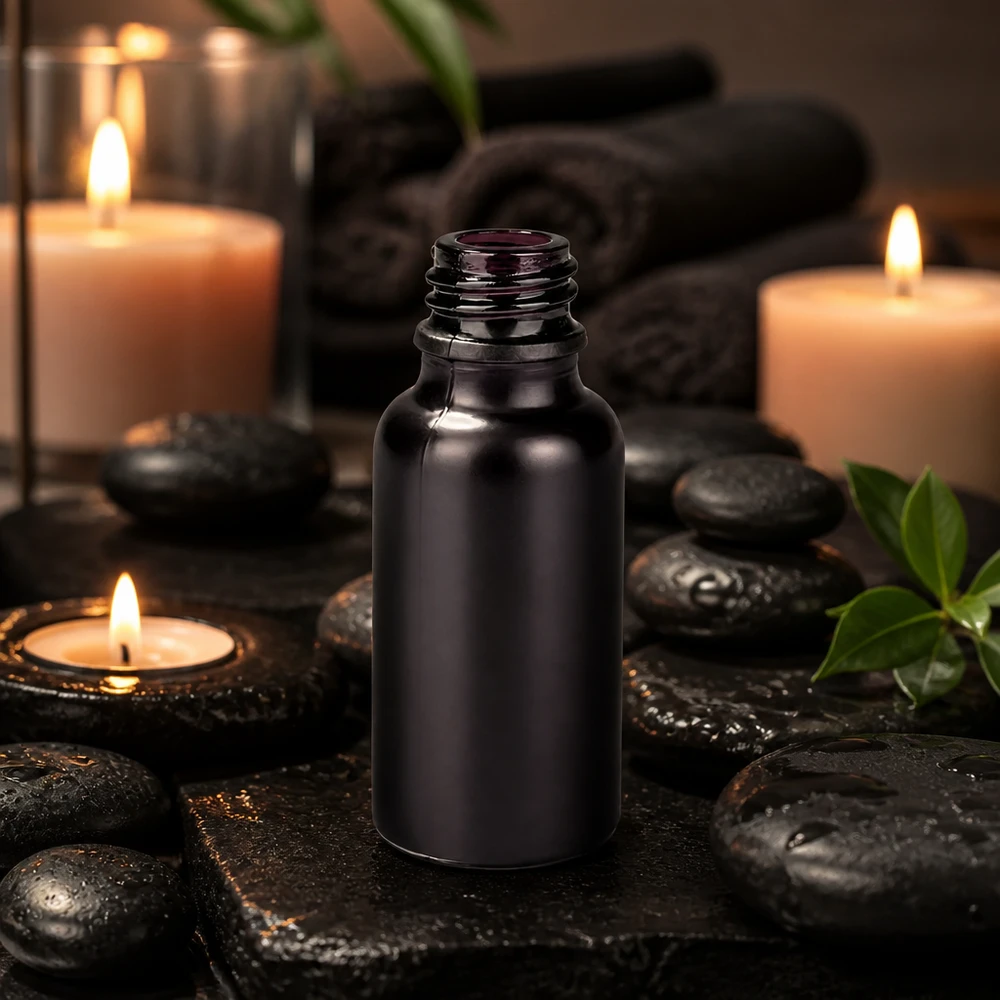 Flacone da 20 ml per farmacia BlackLine UT18/20 UNiTWIST Flacone ergonomico per farmacisti BlackLine da 20 ml con superficie in vetro nero antiscivolo UT18/20