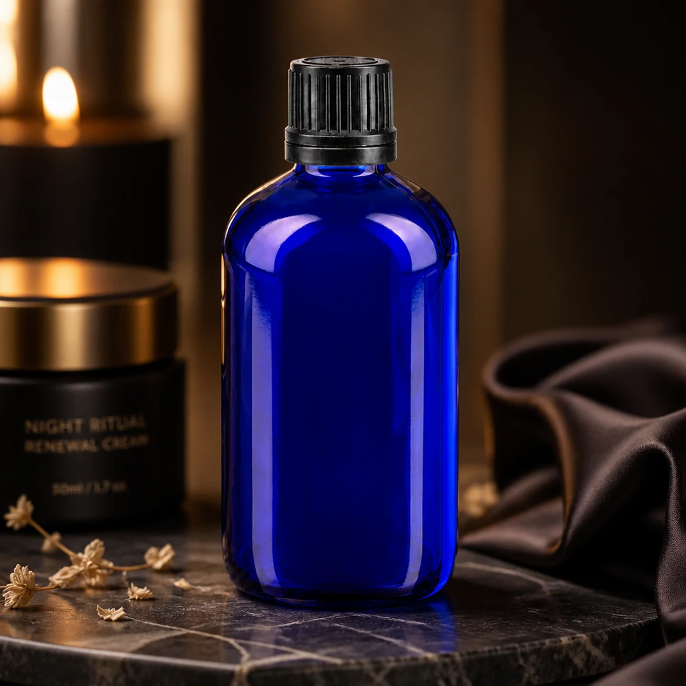 Apothekenflasche blau 100ml Schraubverschluss schwarz Giessring Originalitätsverschluss Dunkelblaue 100ml Pharmaflasche aus Glas mit schwarzem Schraubverschluss für Kosmetik