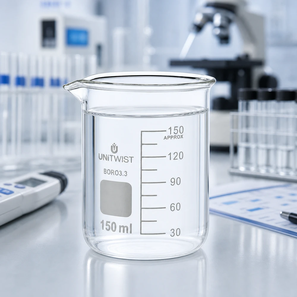 Bicchiere 150ml borosilicato, stampo basso UNiTwist Bicchiere UNiTwist da 150 ml in borosilicato 3.3, forma bassa, con acqua limpida in ambiente di laboratorio