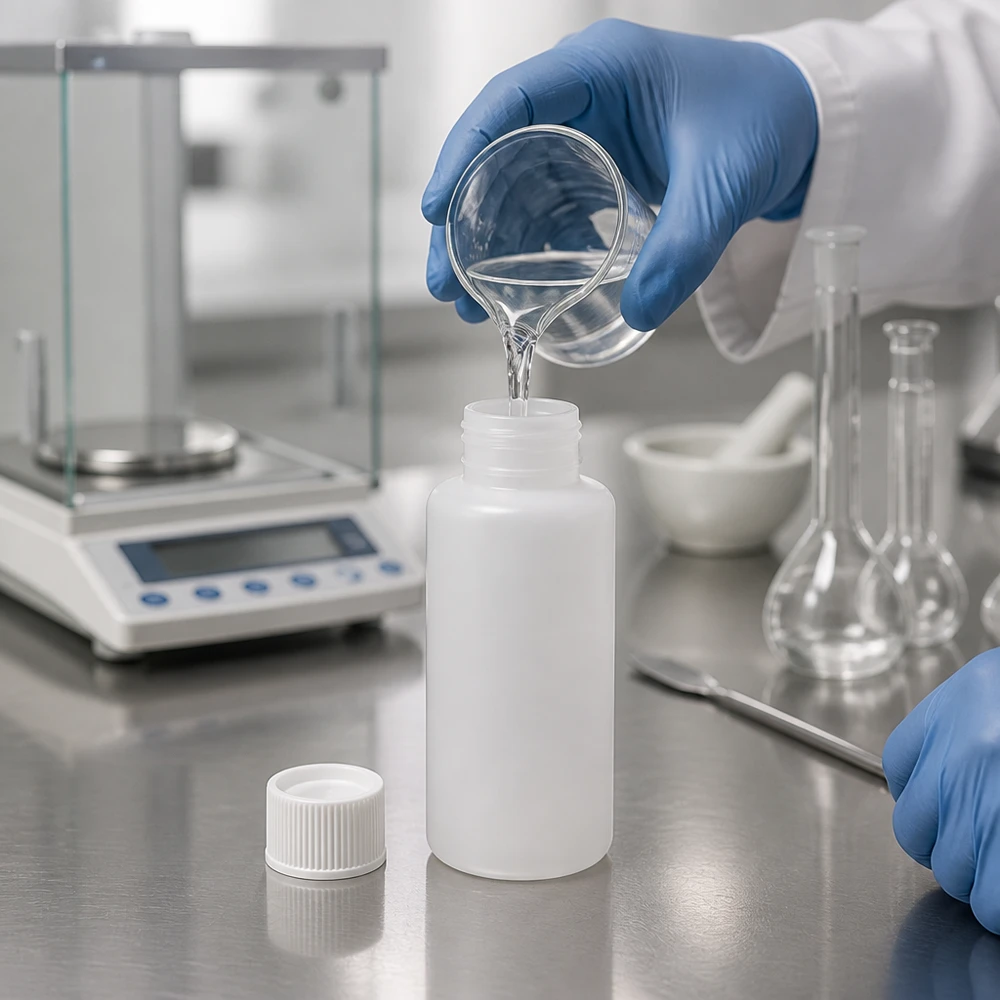 Flacon de pharmacie cylindrique blanc de 30 ml, à côté d'une balance d'analyse et d'un ballon Erlenmeyer dans un laboratoire