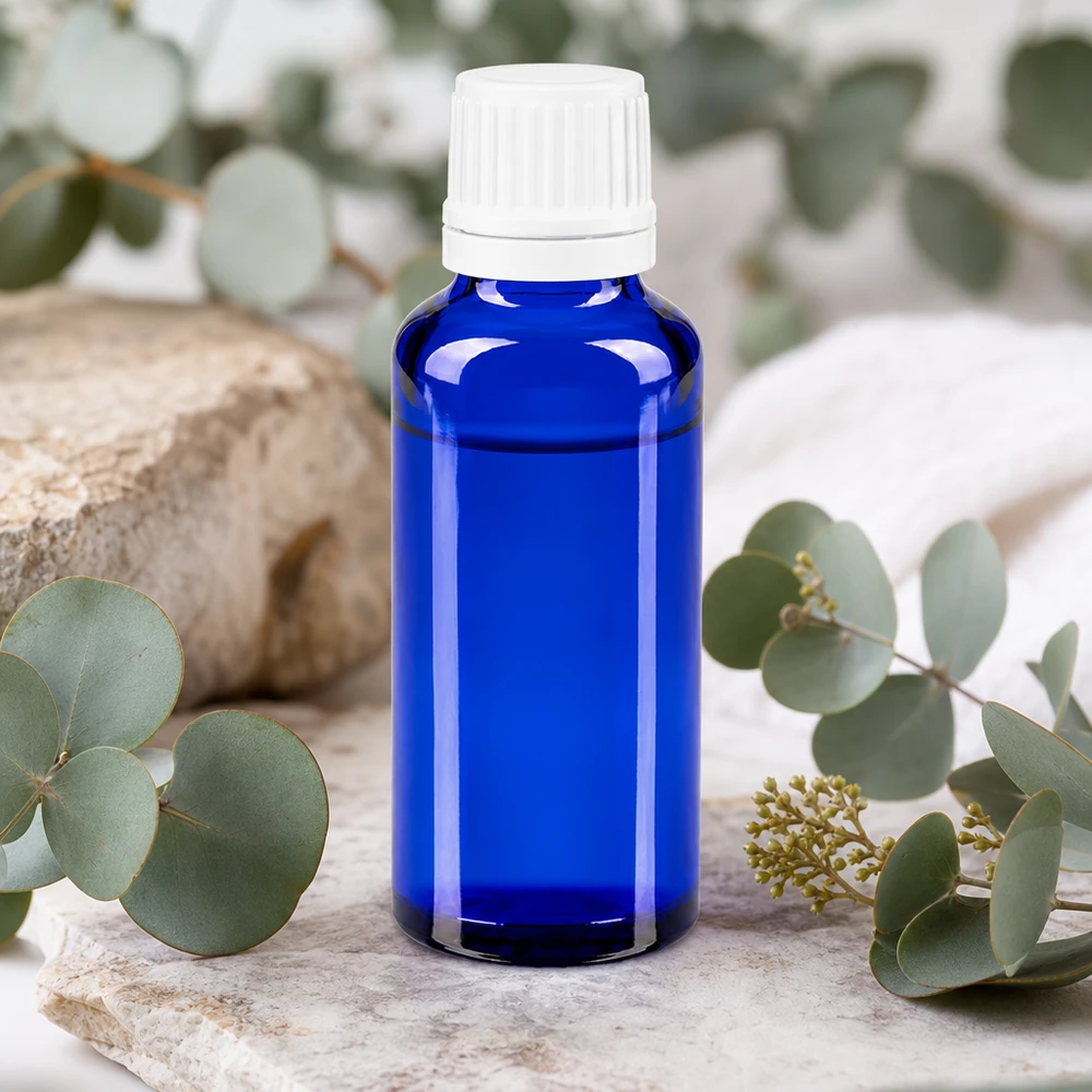 Apothekenflasche blau 30ml Tropfverschluss 1.2mm weiß Originalitätsverschluss Kompakte Blauglasflasche 30ml mit Originalverschluss ideal für Aromatherapie und Naturprodukte